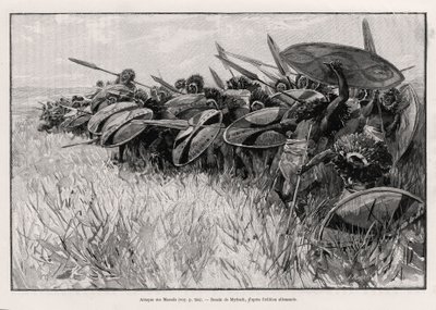 Atak na Massais. Grawer Myrbacha ilustrujący historię „Au secours d