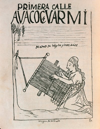 Tkaczka używająca krosna (rysunek tuszem) autorstwa Felipe Huaman Poma de Ayala
