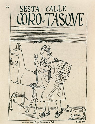 Młody mężczyzna pasący lamy i zbierający drewno (rysunek tuszem) autorstwa Felipe Huaman Poma de Ayala