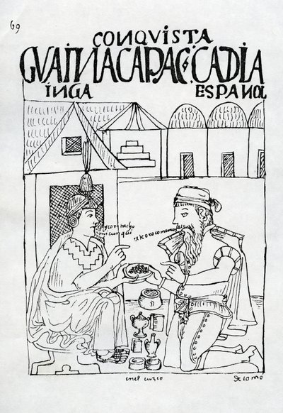 Inca pyta Hiszpana, co je, odpowiada „Złoto” (drzewo) autorstwa Felipe Huaman Poma de Ayala