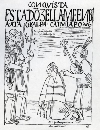 Kapitan Ruminavi przedstawia Francisco Pizarro i Diego de Almagro z dwiema kobietami autorstwa Felipe Huaman Poma de Ayala