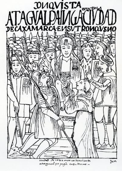 Diego de Almagro, Francisco Pizarro i fra Vicente de Valverde klęczący przed Atahualpą Inką w Cajamarca autorstwa Felipe Huaman Poma de Ayala