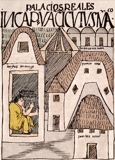 Imperium Inków: Świątynie i pałace w Cuzco, Peru – rysunek tuszem z rękopisu „Nowa kronika i dobry rząd” Don Felipe Pumy de Ayala ilustrujący życie Inków, około 1587 r. w Limie, Narodowe Muzeum Antropologii, Archeologii i Historii de autorstwa Felipe Huaman Poma de Ayala
