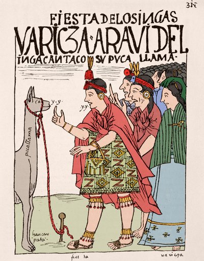Imperium Inków: Ofiara Lamy z okazji rytu Inków — rysunek atramentem z rękopisu „Nowa korona i dobry rząd” autorstwa Don Felipe Pumy de Ayala, ilustrujący życie Inków, około 1587 r. w Limie, Muzeum Narodowe Antropologia, Arch autorstwa Felipe Huaman Poma de Ayala