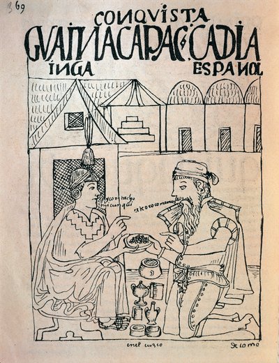 Inca z Cuzco i angielski konkwistador otrzymujący prezenty w zamian za wolność inkaskiego cesarza Atahualpy (rysunek tuszem autorstwa Felipe Huaman Poma de Ayala