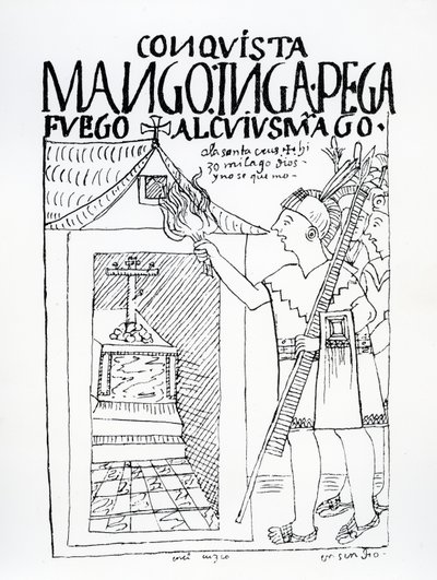 Manco Inca próbuje spalić inkaski pałac Cuyus Mango, który został nawrócony do kultu chrześcijańskiego, ale Bóg interweniuje (drzewryt) autorstwa Felipe Huaman Poma de Ayala