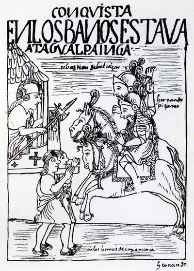 Sebastian de Benalcazar i Hernando Pizarro konfrontują się z Atahualpa Inca w Łazienkach Królewskich w Cajamarca (drzewryt) autorstwa Felipe Huaman Poma de Ayala