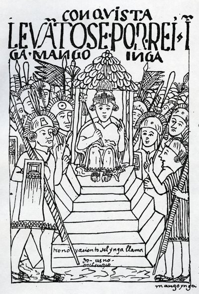 Nowo koronowany Manco Inca na tronie w Cuzco (drzeworyt) autorstwa Felipe Huaman Poma de Ayala