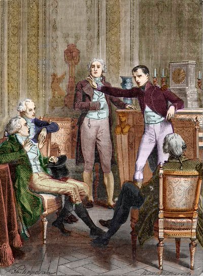Pierwszy konsul Bonaparte w rozmowie z matematykiem Gaspardem Monge - Dyskusja entre Bonaparte, premier konsul, et Gaspard Monge (1746-1818) rycina Felixa Philippoteaux (1815-1884). autorstwa Felix (after) Philippoteaux