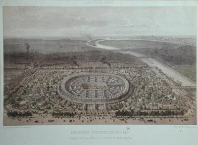 Widok ogólny Wystawy Powszechnej w Paryżu w 1867 r., zaczerpnięty z Bramy Rappa (kolor lito) autorstwa Felix Benoist