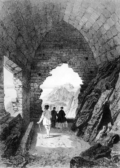 Pustelnia św. Heliera i zamek Elżbiety, Jersey, 1870 (litografia) autorstwa Felix Benoist