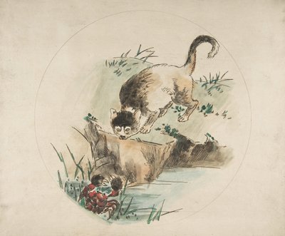 Ozdoba na talerz: Kot polujący na kraba, 1850-1914. autorstwa Felix Bracquemond