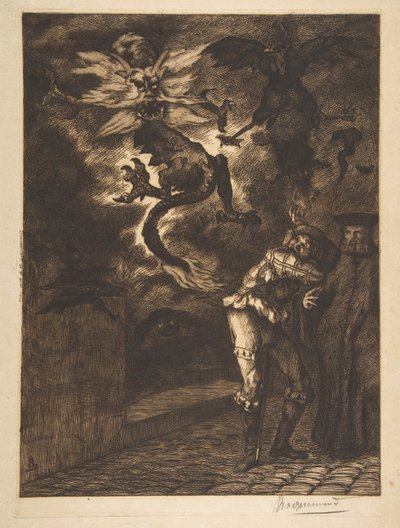 Z dala od mojego słońca, łajdacy! Panurge opuszcza Raminagrobis, 1854-1855. autorstwa Felix Bracquemond
