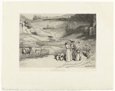 Młode kobiety dają pieniądze pasterzom w pagórkowatym krajobrazie Les demoiselles du villages (tytuł na obiekcie) autorstwa Felix Bracquemond