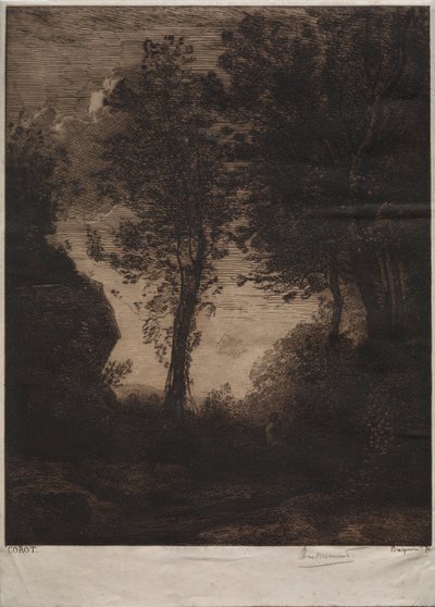 Pejzaż: Zachód słońca, wg Corota, ok. 1930 1858. autorstwa Felix Bracquemond