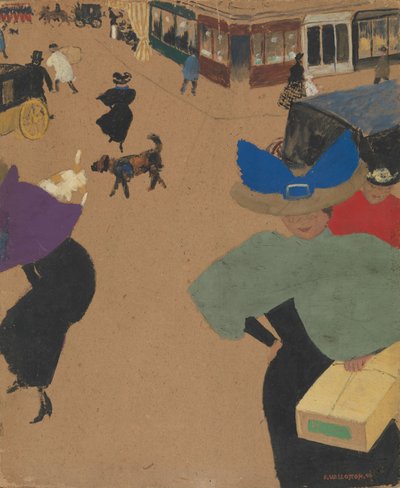 Scena uliczna w Paryżu (Coin de rue à Paris), 1895 (gwasz i olej na tekturze) autorstwa Felix Edouard Vallotton