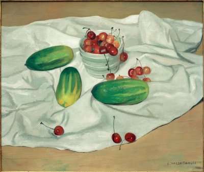 Trzy ogórki i czarny wazon z wiśniami autorstwa Felix Edouard Vallotton