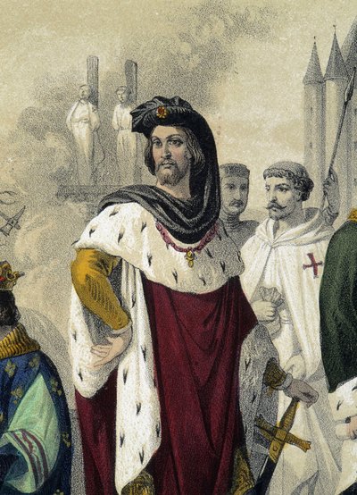 Capétiens 1270 - 1322: Filip IV le bel i Jacques de Molay (Molai) - w „La Monarchie francaise en estampe”, rysunek Monsieur Fossey autorstwa Felix Fossey