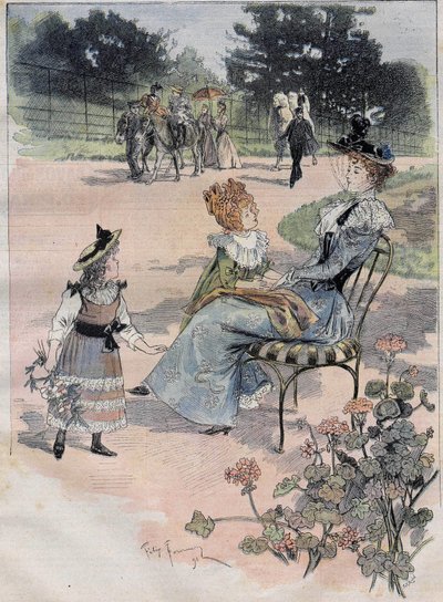 Spacer dzieci do ogrodu aklimatyzacyjnego w Paryżu w 1892 r. Grawerowanie akwareli odlewniczej. autorstwa Felix Fournery