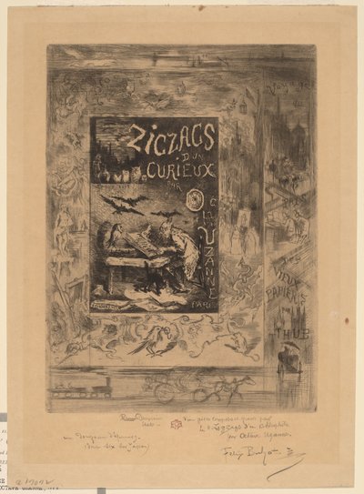Frontyspis do „Zygzaków ciekawskich” Octave Uzanne autorstwa Felix Hilaire Buhot