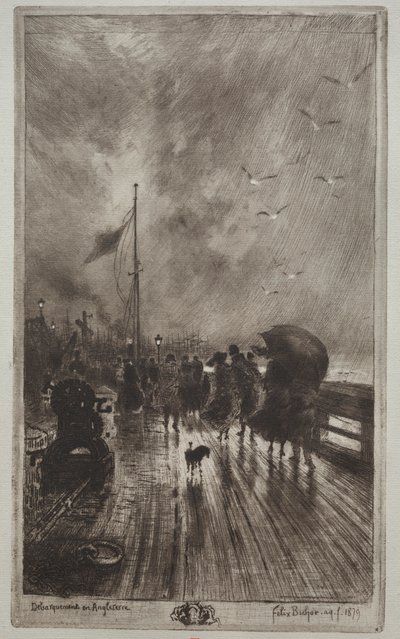 Lądowanie w Anglii, 1879. autorstwa Felix Hilaire Buhot