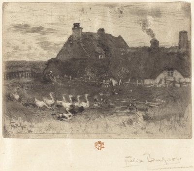 Les Petites Chaumières (domki kryte strzechą – mały talerz) autorstwa Felix Hilaire Buhot