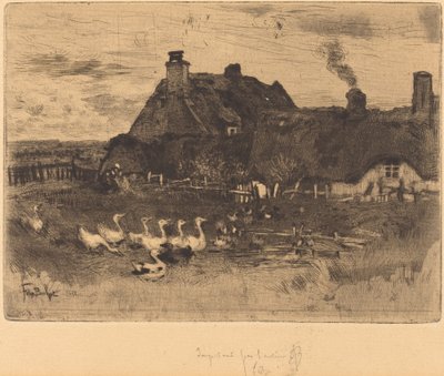Les Petites Chaumières Domki kryte strzechą – mały talerz, 1878 r. autorstwa Felix Hilaire Buhot