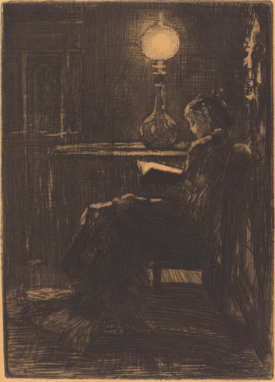 Kobieta czytająca przy świetle lampy, 1879. autorstwa Felix Hilaire Buhot