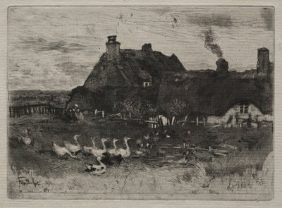 Domki kryte strzechą, 1878 r. autorstwa Felix Hilaire Buhot