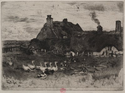 Małe domki kryte strzechą, 1878 r. autorstwa Felix Hilaire Buhot