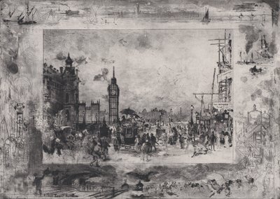 Westminster Bridge lub Westminster Clock Tower, 1860-98. autorstwa Felix Hilaire Buhot