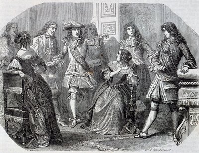 Aresztowanie nadinspektora finansów Nicolasa Fouqueta, rycina Henri Felixa Emmanuela Philippoteaux (1815-1884) z wicehrabiego Bragelonne, autorstwa Alexandre Dumasa (1802-1870) autorstwa Felix Philippoteaux