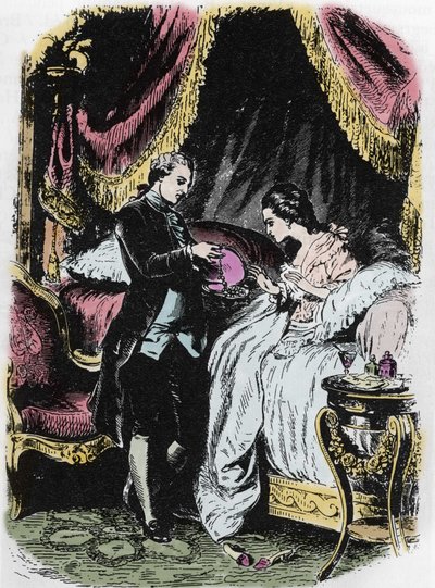 Alkohol królowej inspiruje opakowanie naszyjnika. Rysunek Felixa Philippoteaux (1815-1884) do „Naszyjnika królowej” Aleksandra Dumasa. autorstwa Felix Philippoteaux