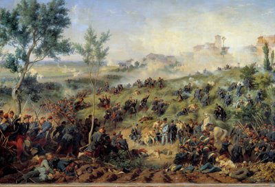 Widok na bitwę pod Montebello di Casteggio, 20.05.1859 Francja zdobywa armię austriacką. Obraz Henri-Felix-Emmanuela Philippoteaux (1815-1884) 1862. Wym. 1x1,5m. Paryż, Musee de l