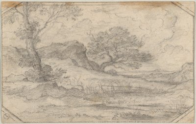 Idealny krajobraz z dwoma drzewami i masywem skalnym autorstwa Ferdinand (Johann Heinrich Ferdinand) von Olivier