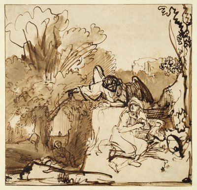 Anioł ukazujący się Hagar i Ismaelowi (pióro i atrament oraz pranie na papierze) autorstwa Ferdinand Bol