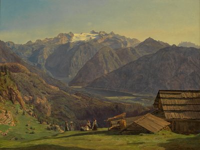 Widok na szczyt Dachstein z jeziorem Hallstättersee z Hütteneckalpe koło Ischl autorstwa Ferdinand Georg Waldmüller