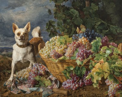 Pies pilnujący kosza winogron z widokiem na Heiligenstadt i Dunaj w oddali autorstwa Ferdinand Georg Waldmuller