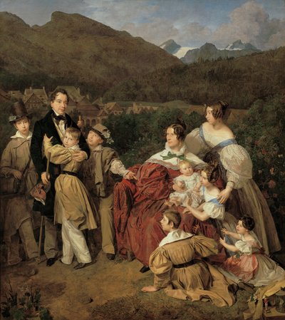 Notariusz dr. Josef August Eltz z żoną Caroline z domu Schaumburg i ośmiorgiem dzieci w Ischl autorstwa Ferdinand Georg Waldmuller