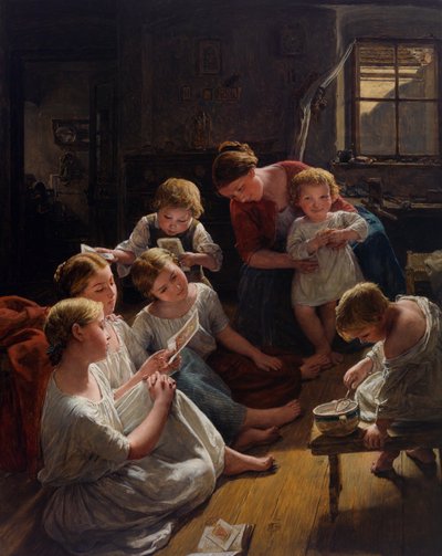 Des enfants, au matin,related des images - Dzieci o poranku patrzące na obrazy, autorstwa Waldmullera, Ferdinanda Georga (1793-1865). Olej na drewnie autorstwa Ferdinand Georg Waldmuller
