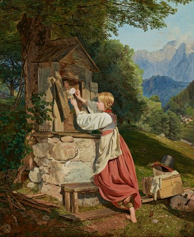 Dziewczynka dekoruje Matkę Bożą różą autorstwa Ferdinand Georg Waldmuller