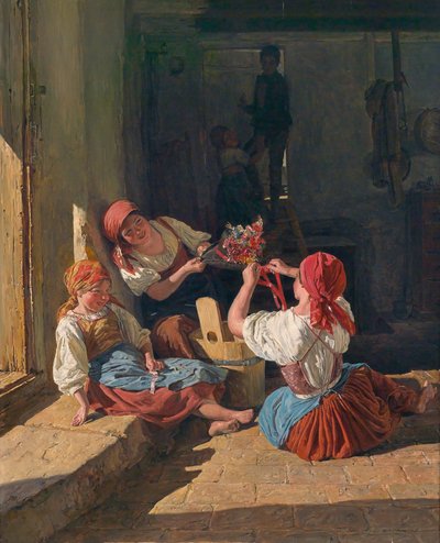 Dzieci dekorujące kapelusz poborowego. Obraz Ferdinanda Georga Waldmullera (1793-1865), olej na drewnie autorstwa Ferdinand Georg Waldmuller