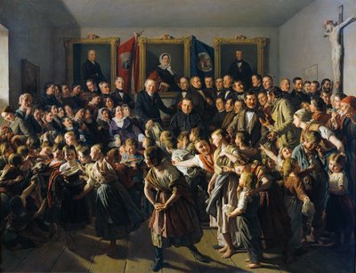 Dzieci ubogich rodziców otrzymują zimowe ubrania od społeczności Spittelberg na Michaelmas autorstwa Ferdinand Georg Waldmuller