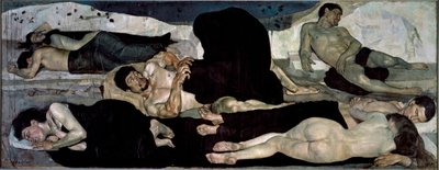 Nocą Grupa nagich śpiących, jeden w środku koszmaru autorstwa Ferdinand Hodler