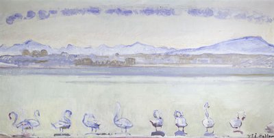 Dziewięć łabędzi przed górzystym krajobrazem; Port w Genewie z dziewięcioma łabędziami, z Quai du Mont Blanc, 1915 autorstwa Ferdinand Hodler