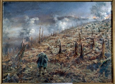 I wojna światowa (1914-1918): „Wąwóz śmierci w Verdun” Krajobraz ruin i popiołów po bitwie. Obraz Ferdinanda Josepha Gueldry