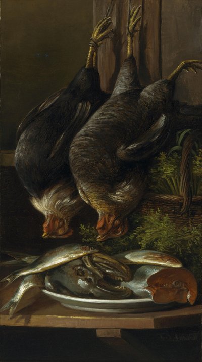 Martwa natura z kurczakami i rybami autorstwa Ferdinand Richardt