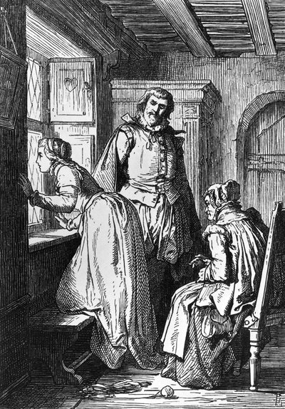 Klaerchen czeka na Egmonta, ilustracja do Egmonta, tragedia Johanna Wolfganga von Goethego (1749-1832), drzeworyt według rysunku Ferdynanda Rothbarta (1823-1899) autorstwa Ferdinand Rothbart