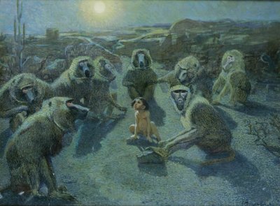 Mowgli schwytany przez małpy (olej i tusz na płótnie) autorstwa Ferdinand Schebek