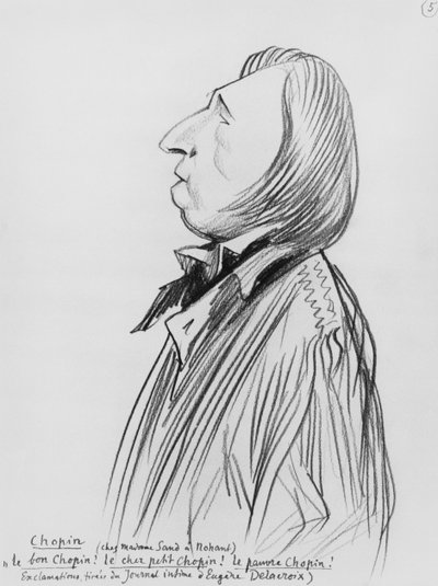 Karykatura Fryderyka Chopina „u Madame Sand w Nohant”, pocz. XX w. (ołówek na papierze) (zdjęcie czarno-białe) autorstwa Ferdinand Sigismund Bac